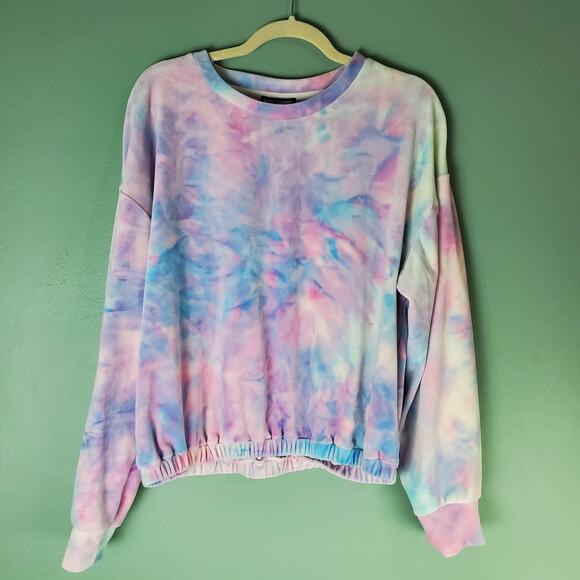 Hot Topic Pink Blue Tie Dyed Velour Long Sleeve Sweatshirt Size Large - Picture 1 of 4